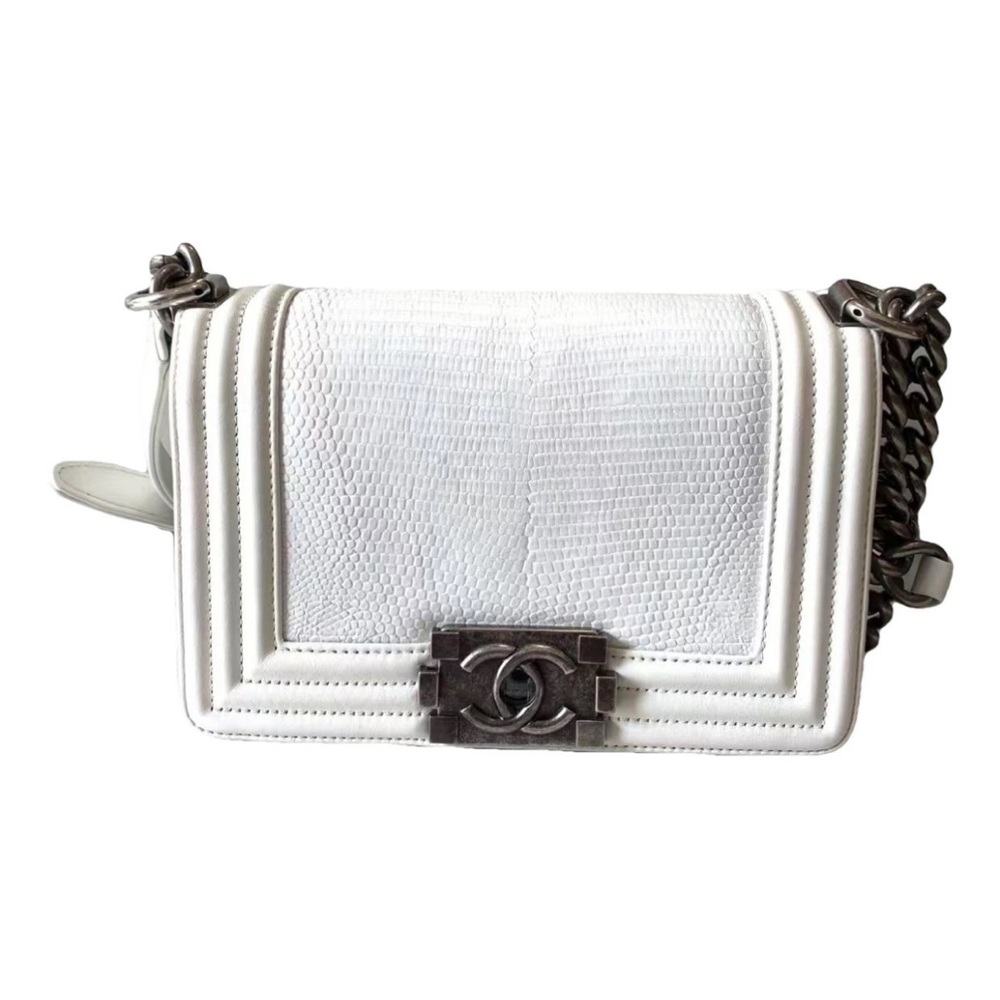 CHANEL White Lizard Small Boy Bag in Calfskin